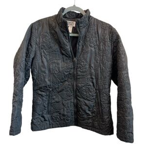 Vintage Boho Chico’s Design Black Quilted Embroidered Zip Jacket Size 1 M/L